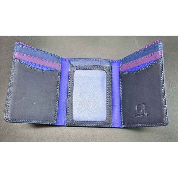 Mywalit Trifold Leather Wallet For Men Blue with Purple Trim Card and ID CT704 - Picture 1 of 8
